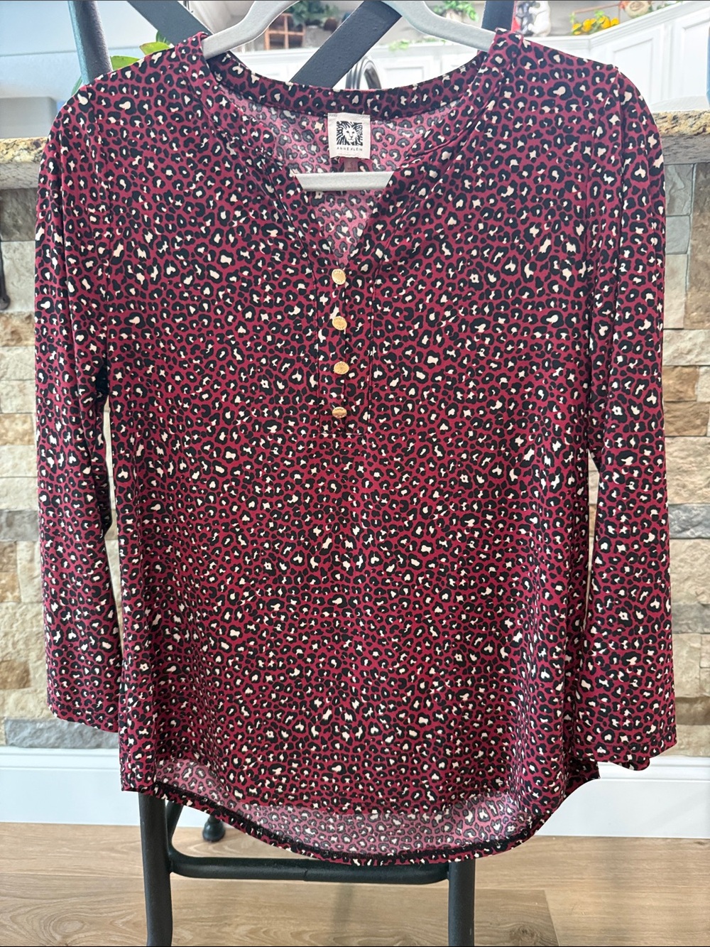 Anne Klein Burgundy Leopard Print Henley Blouse